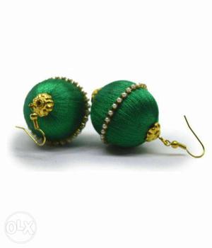 Pair Of Green-and-gold-colored Silk Thread Jhumkas