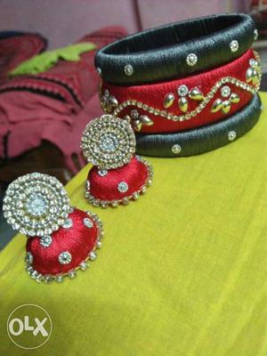 Red And Black Silk Thread Bangles And Red Jhumka Earrings