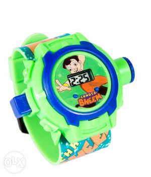 Toddler's Round Blue And Green Chhota Bheem Digital Watch