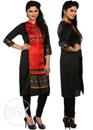 Women's Black And Red Floral Elbow-sleeved Dress