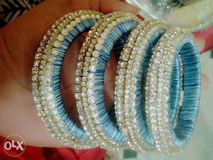 Women's Silver-colored And Teal Bangles