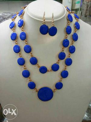 Beaded Blue Gemstone Necklace With Earrings Set