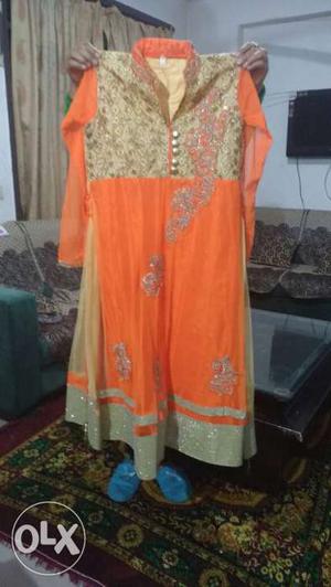 Beige And Orange Floral Long-sleeved Dress
