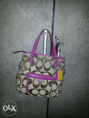 Brown And Purple Monogrammed Coach Leather Tote Bag