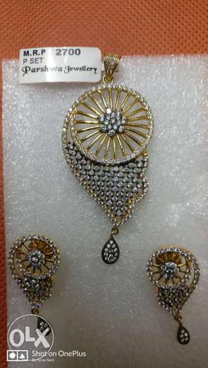 Gold-colored Diamond Pendant And Pair Of Earrings Set