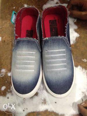 Pair Of Blue-ad-red Slip-on Shoes