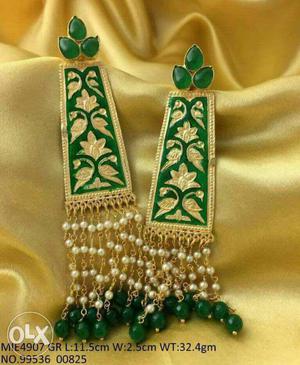 Pair Of Gold-colored, Green And Gray Beaded Earring