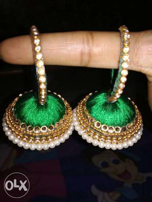 Pair Of Green-and-white Silk Thread Jhumka Earrings