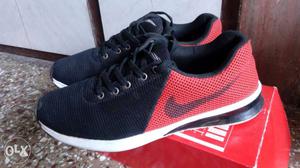 Pair Of Red-and-black Nike Low-top Sneakers With Box