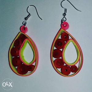 Pair Of Red-green-and-yellow Hook Drop Earrings
