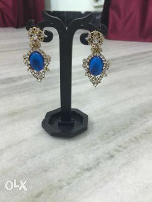Pair Of Silver-colored Blue Gemstone Earrings
