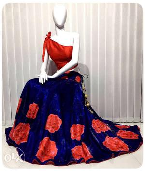 Red And Blue Floral Single-shoulder Floor-length Dress