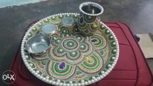Round Green And White Beaded Tray