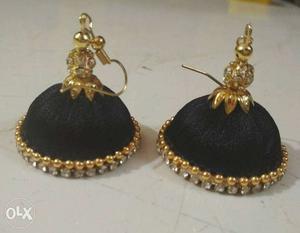 Two Gold-colored And Black Silk-thread Jhunkka Earrings