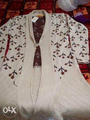 White And Brown Floral Knit Cardigan