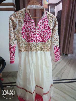 White, Brown, And Pink Floral Long-sleeve Dress