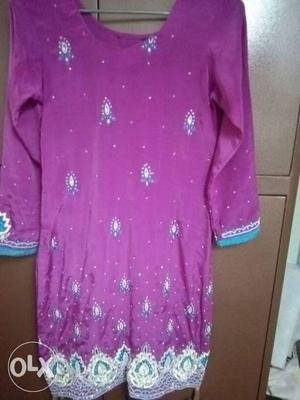 Women's Pink And Grey 3/4-sleeved Dress