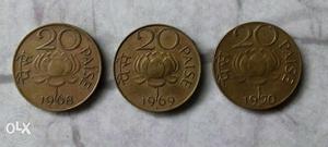 3 old 20 paise coins in series year 