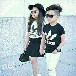 Girl's And Boy's Black-and-white Crew-neck T-shirts