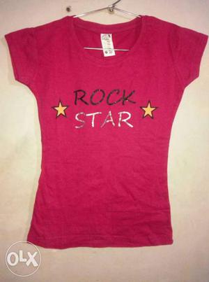 Girl's Pink Rock Star Print Crew-neck Shirt