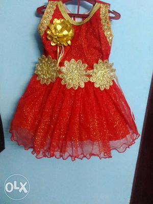 Girl's Red And Gold Floral Sleeveless Dress