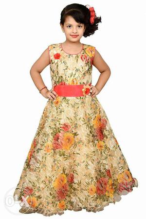 Girl's Red And White Floral Sleeveless Dress