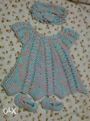Handmade crochet dress, headband and booties for