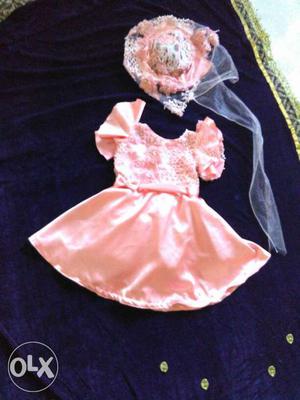 Peeach colour half frock + hat 2 year old child