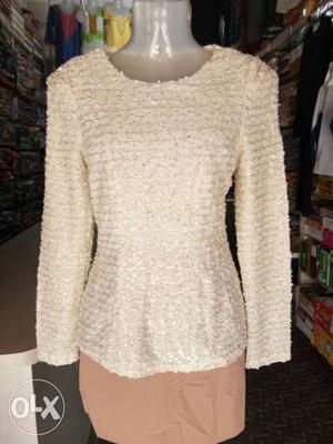 Women's White Knitted Long-sleeved Sweater