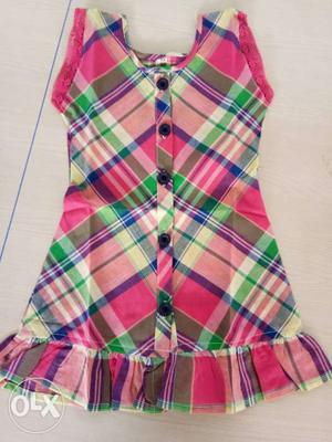 Girl's Pink, Blue, And Beige Plaid Cap-sleeve Dress
