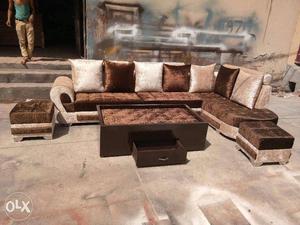 L shape sofa set with center table & 2 puffies