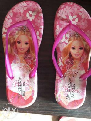 Pair Of Pink-and-white Barbie Flip-flops