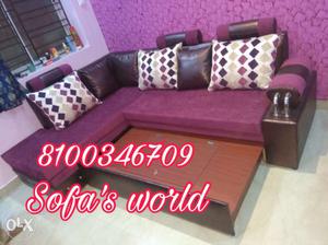 Purple Fabric Sectional Sofa With Throw Pillows
