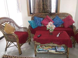 Red And Brown Fabric Sofa Set