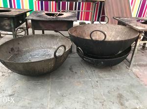 Two Gray Metal Bowls