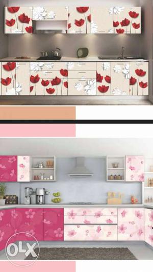 Two Pink And Red-and-white Floral Wooden Kitchen Cupboards