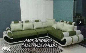 White And Green Fabric Sectional Sofa