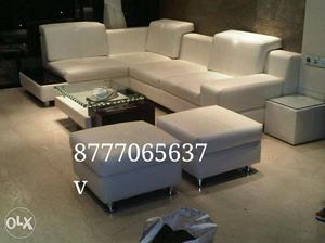White Leather Sectional Sofa With Ottoman
