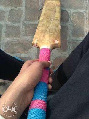 Brown, Pink, And Blue Wooden Cricket Bat