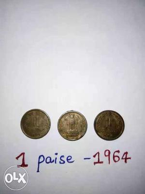  Indian one paise three coins