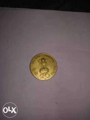 Round Copper-color 20 Indian Paise Coin