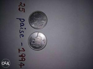 Two  Indian 25 Paise Coins