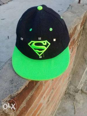 Green And Black Superman Print Fitted Cap