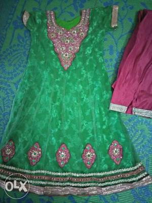 Green and rose pink color chudidar anarkali dress