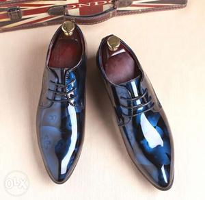 Pair Of Blue Patent Leather Derby Dress Shoes