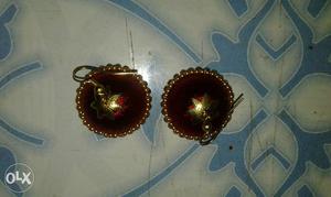 Pair Of Red Silk Thread Jhumkas Hook Earrings