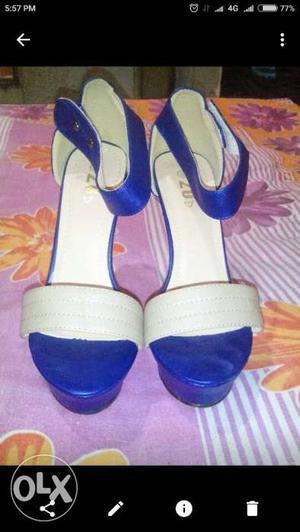 Pair Of White-and-blue Patent Leather Open-toe Platform