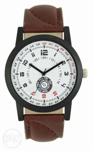 Round Black And White Chronograph Watch With Brown Leather