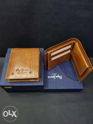 Two Brown Leather Bi-fold Wallets With Boxes