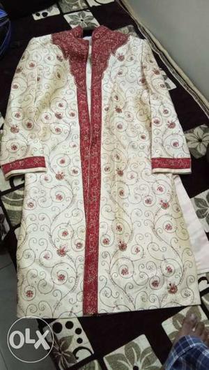 White And Red Sherwani Traditional Suit